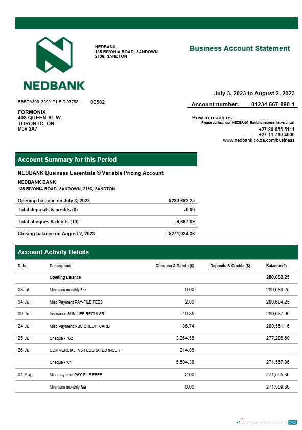 Download Nedbank firm statement Word and PDF template Photoshop template